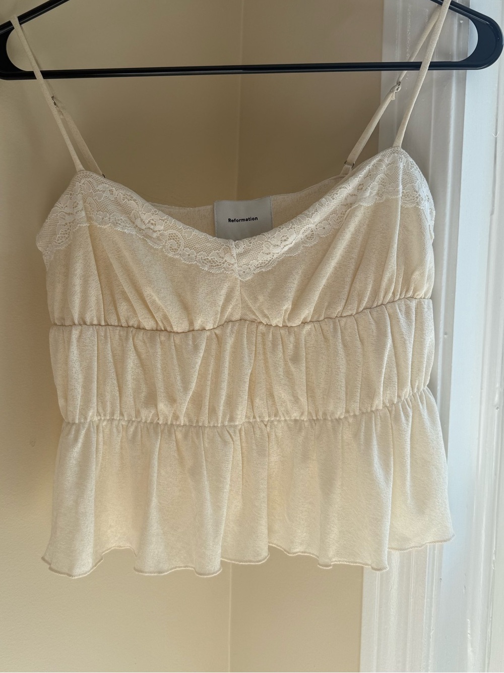 Reformation Cream Lace-Trim Ruffled Cami